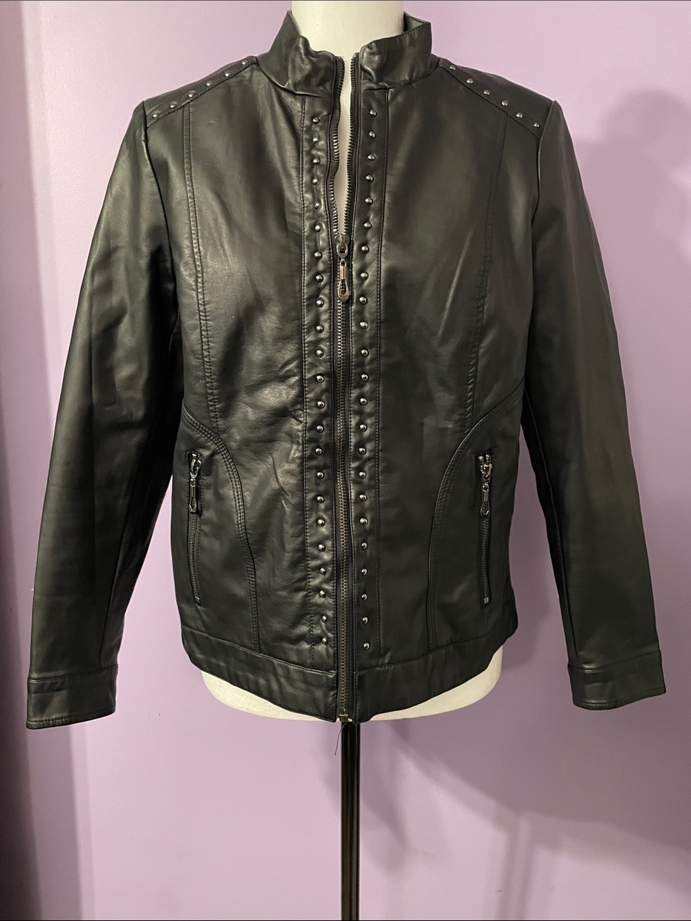 Black Studded Faux Leather Zip-Up Jacket